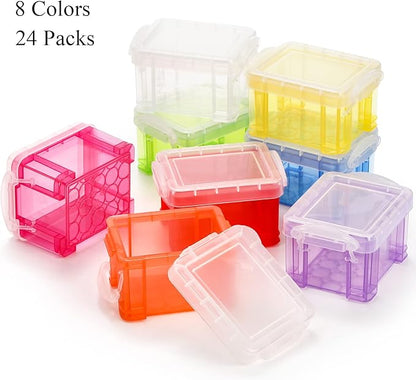 Hiceeden 24 Pack Mini Plastic Storage Bins with Lid, 3.3"×2.6"×2" Clear Latch Small Storage Box, Stackable Organizer Container for Crafts, Jewelry Beads, Office Supplies, 8 Colors