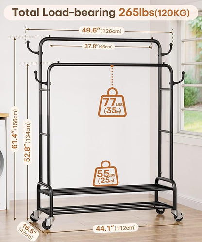 Homde Heavy Duty Clothes Rack: 265lb Rolling Double Rod Garment Hanging - Metal Coat Organizer Storage Display Shelf on Wheels for Bedroom Laundry