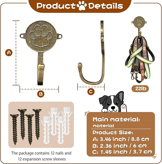 6PC Dog Paw Hooks Wall Mount Pet Leash Hook Cat Leash Holder for Wall Cute Coat Hooks Key Holder for Entryway Hallway Kitchen Office, Great Gift for Dog and Cat Lovers(Antique Brass)