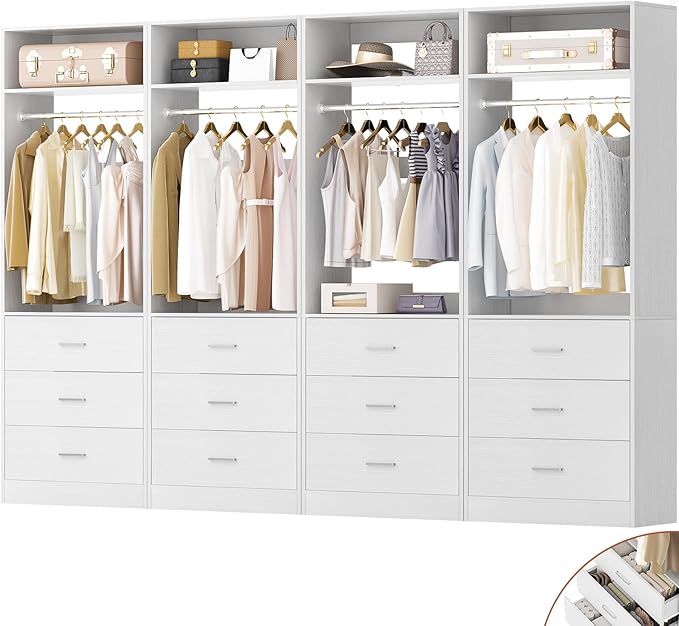 Closet System Set of 4, 8FT Closet Systems with 12 Wood Drawers, 96" Closet Organizer System with 4 Hanging Rods & 4 Shelves, Heavy Duty 96 Inch Walk-in Closet, White (96"L x 15" W x 80" H)