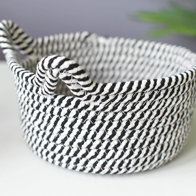 Small Woven Baskets | Mini Storage Bins | Cotton Rope Baby Nursery Organizers | Cute Round Cat Ears Basket for Organizing Desk Decor Kids Toy Dog Cat Baby Girls Gifts-Set of 3(Black white)