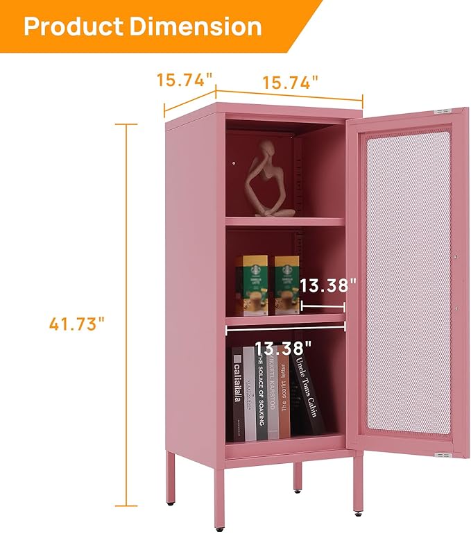 Slim Metal Storage Cabinet with Mesh Doors - 42'' Tall Narrow Organizer Tower, Compact Freestanding Cabinet, Versatile Utility Storage for Home, Office, Bedroom, or Kitchen, Durable and Modern Design