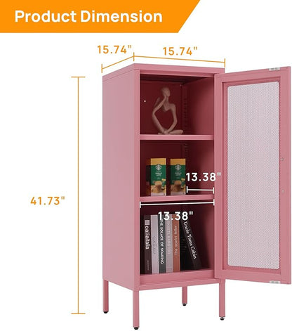 Slim Metal Storage Cabinet with Mesh Doors - 42'' Tall Narrow Organizer Tower, Compact Freestanding Cabinet, Versatile Utility Storage for Home, Office, Bedroom, or Kitchen, Durable and Modern Design