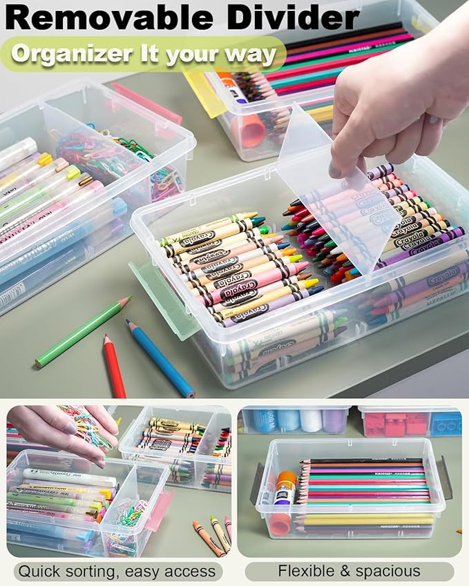 12 Pack Extra Large Pencil Box with Removable Divider, Thickened Pencil Case Bulk, Clear Crayon Marker Organizer Stackable Plastic Small Storage Containers for Pen Craft School Supplies, Multi