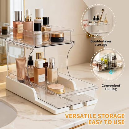 Pull Out 2 Tier Under Sink Organizer Clear Cabinet Organizer for Kitchen Bathroom Storage Rotating Pantry Rack for Spice Organization and Makeup Organizer for Drawer Durable Design 2 Pack