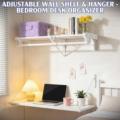 Closet Shelf with Hanging Rod, 52-95'' Expandable Wall Mounted & Side Wall Mounted Steel Clothes Rack with Top Shelf, Holds 220 lb Heavy Duty Closet Rod DIY Divider Separtor for Cabinet Wardrobe