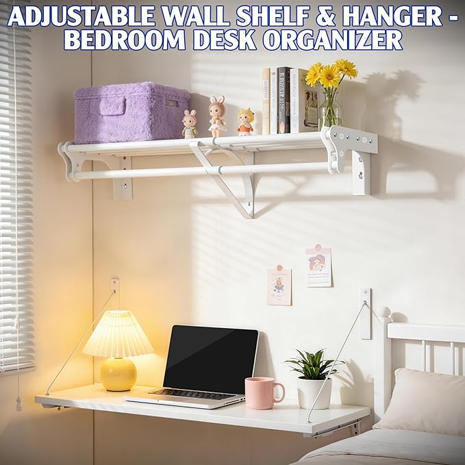 Closet Shelf with Hanging Rod, 28-48'' Expandable Wall Mounted & Side Wall Mounted Steel Clothes Rack with Top Shelf, Holds 220 lb Heavy Duty Closet Rod DIY Divider Separtor for Cabinet Wardrobe