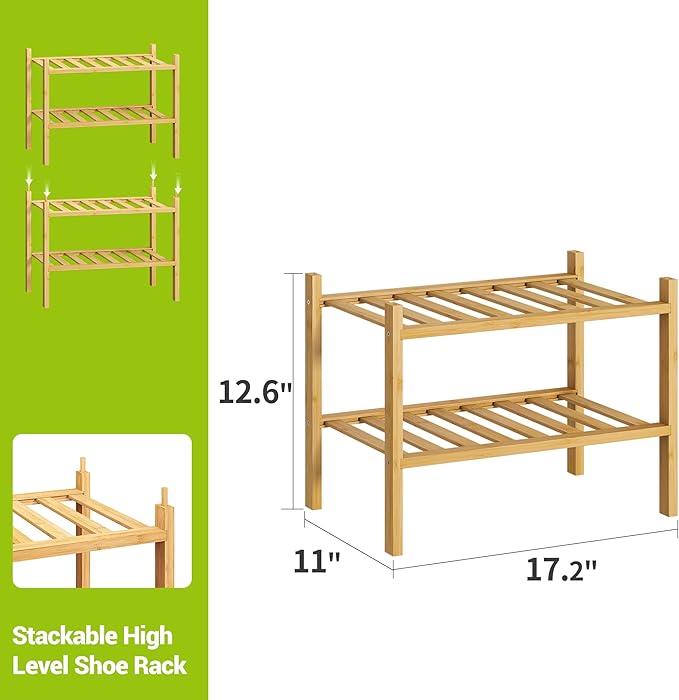 BMOSU 2-Tier Bamboo Small Shoe Rack Premium Stackable Shoe Shelf Storage Organizer for Hallway Closet Living Room Entryway Organizer (Natural Bamboo)