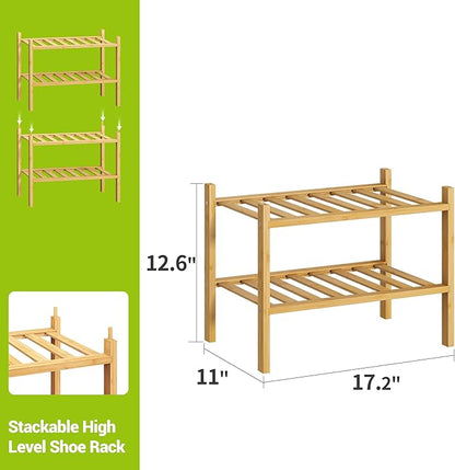 BMOSU 2-Tier Bamboo Small Shoe Rack Premium Stackable Shoe Shelf Storage Organizer for Hallway Closet Living Room Entryway Organizer (Natural Bamboo)