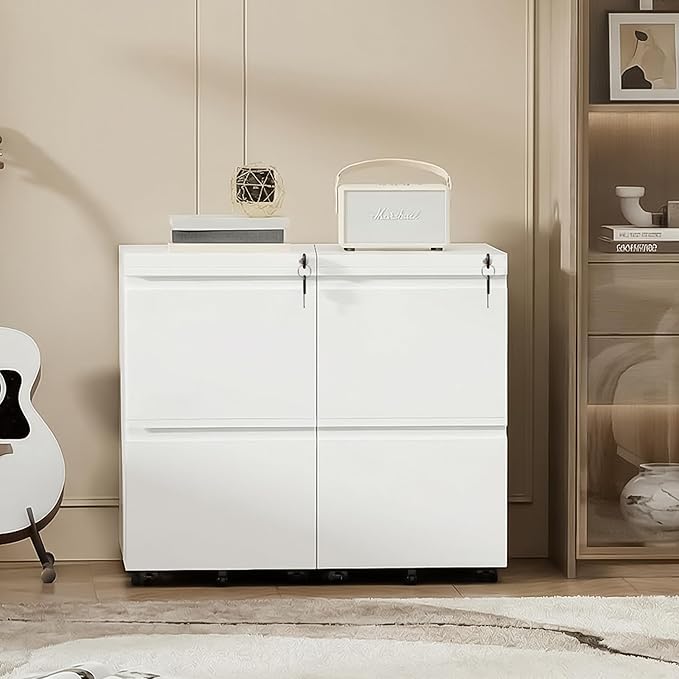 Bonusall 2-Drawer Metal File Cabinet with Lock - Mobile Filing Cabinet for Letter/A4 Size, Under Desk Office Storage Organizer with Wheels, Easy Assembly, High Capacity, White