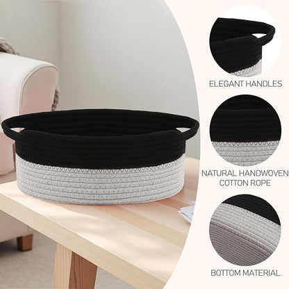 Woven Basket,Small Rope Storage Bin with Handles & Ribbon Bag, Organizer for Shelves Closets,Gift Basket Empty for Birthday,Books,Dog Toys, Black&Grey/3 Pack