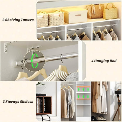 48" Closet Organizer System, 4FT Closet System for Small Closets with 4 Hanging Rods & 3 Shelves, 80"H Small Closet Organizers and Storage for Bedrooms, Cloakrooms, White