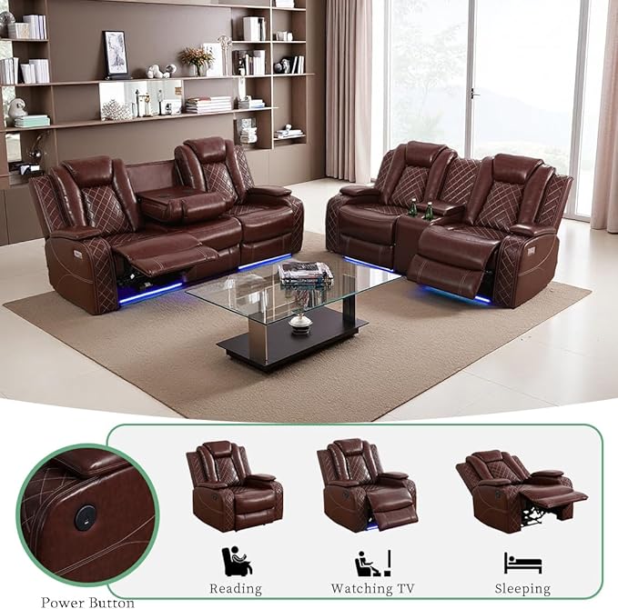 Modern Recliner Couch with Hidden Storage, 2-Piece Power Reclining Sofa Couch Set, Brown Breathing Leather Power Recliner Sofa and Loveseat with LED Light for Living Room/Home Theater