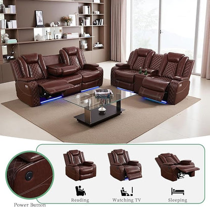 Modern Recliner Couch with Hidden Storage, 2-Piece Power Reclining Sofa Couch Set, Brown Breathing Leather Power Recliner Sofa and Loveseat with LED Light for Living Room/Home Theater