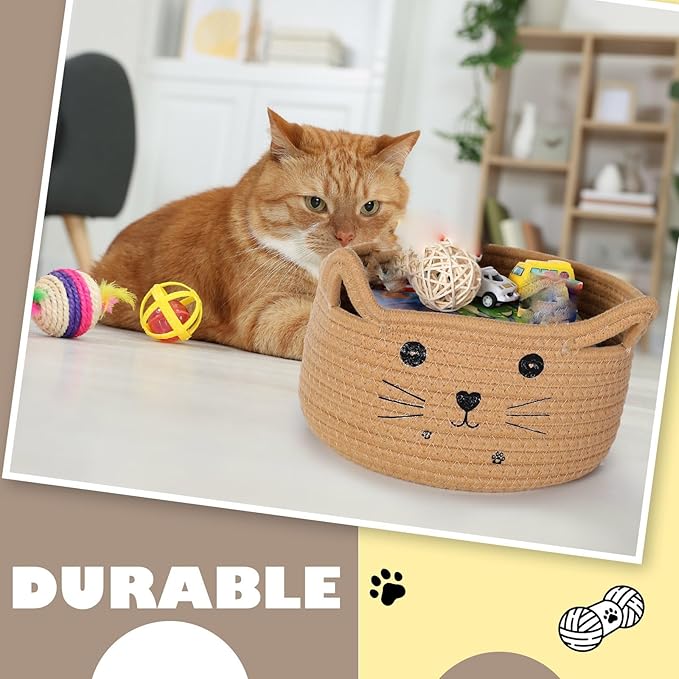 Zopeal Cat Basket Storage Woven Organizer with Ears Easter Decorative Gift Pet Toy Cute Cotton Rope Basket for Gift Cat Dog Toy Bin Nursery Room(13.7 x 7.8 Inch,Khaki)