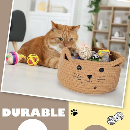 Zopeal Cat Basket Storage Woven Organizer with Ears Easter Decorative Gift Pet Toy Cute Cotton Rope Basket for Gift Cat Dog Toy Bin Nursery Room(13.7 x 7.8 Inch,Khaki)