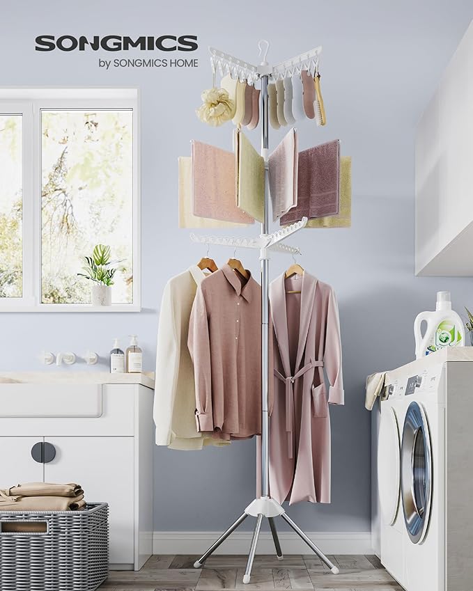 SONGMICS 3-Tier Clothes Drying Rack, 82.7-Inch Folding Laundry Drying Rack with 11 Rotatable Arms for Hangers, 24 Clips, Stainless Steel, for 27 Pieces of Clothes, White and Silver ULLR513W01