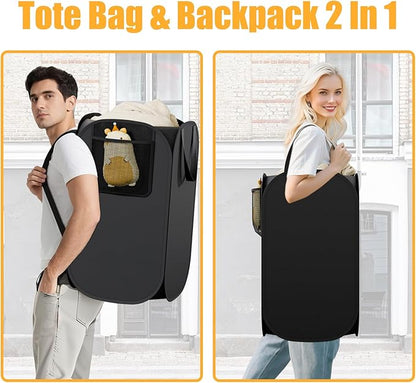 Collapsible Backpack Laundry Bag Made by Strong Polyester Oxford Cloth, 76L Heavy Duty Large Hamper with Adjustable Shoulder Strap, Foldable Basket with Mesh Pocket for College, Travel, Apartment