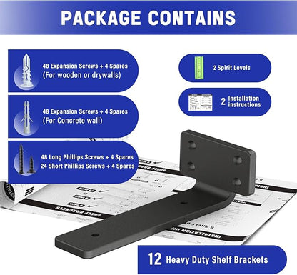 Goovilla Shelf Bracket, Heavy Duty Floating Shelf Brackets 6 inch Long, 12 Pack Brackets for Shelves, Black Coated Metal Wall Shelf Support Brackets with 1/5 Inch Thick and 160 lb. Load Capacity