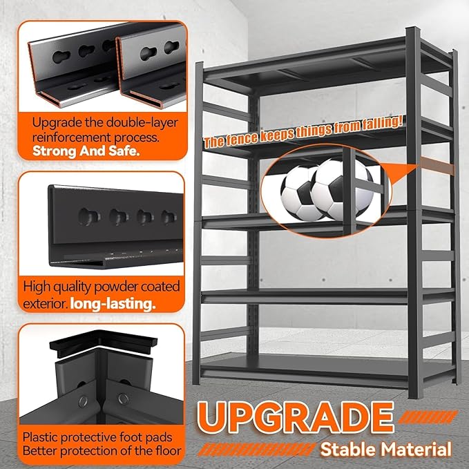 Garage Shelving Unit, Heavy Duty Metal 5-Tier Adjustable Storage, Steel Shelves, Industrial Shelves for Heavy Tools and Equipment, Ideal for Garage Basement, Black