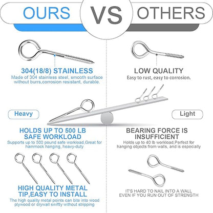 Aovchei Eye Screws, 4 Pcs 6 inches 304 Heavy Duty Stainless Steel Screw Hooks, Rust-Resistant Self Tapping Eyelet Bolts for Wood, Securing Cables Wires, Indoor & Outdoor for Hanging Artwork