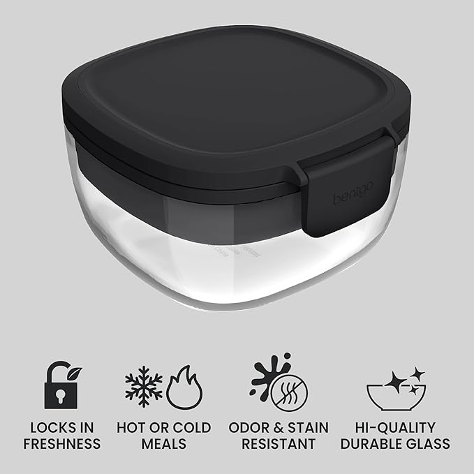 Bentgo Glass Salad Container - 7.6-Cup Salad Bowl with Airtight Lid, Leak-Proof Sauce Container, 4-Compartment Bento Tray & Reusable Fork - BPA-Free for Meal Prep, Office & More (Black Onyx)