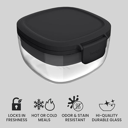 Bentgo Glass Salad Container - 7.6-Cup Salad Bowl with Airtight Lid, Leak-Proof Sauce Container, 4-Compartment Bento Tray & Reusable Fork - BPA-Free for Meal Prep, Office & More (Black Onyx)