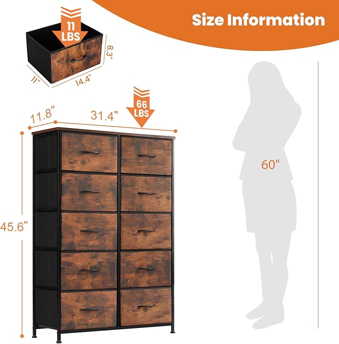 Sweetcrispy Dresser for Bedroom, Fabric Dresser with 10 Drawers, Chest of Drawers for Closet, Living Room, Sturdy Steel Frame, Wooden Top, Easy Pull Handle, Brown