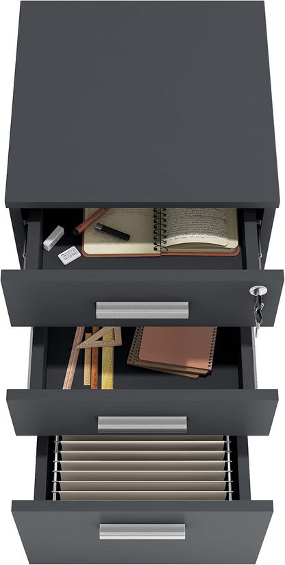 Modern Design Lazio Black File Cabinet, Filing Cabinets for Home Office, Drawers for Under Desk, Locking 3 Drawer Rolling Wood File Cabinet with Lock, by Crafts and Comfort
