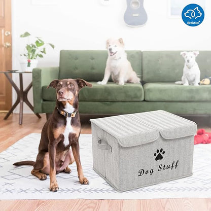 Large Dog Toys Storage Box Canvas Storage Basket Bin Organizer with Lid - Collapsible Linen Bin Ideal for Organizing Dog Cat Toys and pet Stuff-PP Boad-17" x 12" x 10" - Gray Stripe