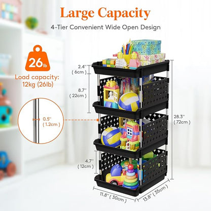 Lifewit Plastic Stackable Storage Baskets, 4 Tier Stacking Bins for Food and Clothes, Multifunctional Organizer for RV, Kitchen, Playroom, Pantry, Black, 35 x 30 x 72 cm/14 x 12 x 28 inch, 2 Pack