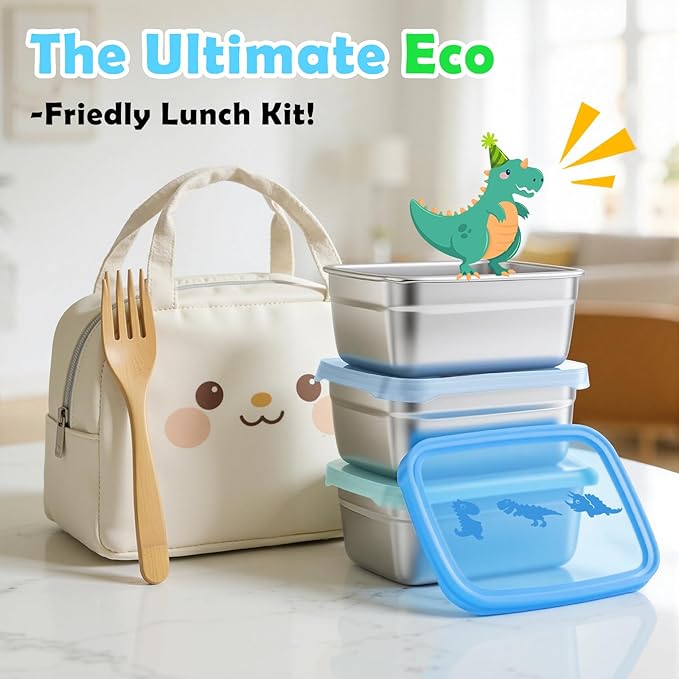 3-Pack Stainless Steel Snack Containers for Kids & Toddlers - 550ml (18oz) Leakproof Colorful Lids with Cute Dinosaurs | LFGB Certified, Stackable Metal Lunch Box for Daycare, School, Travel