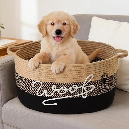 Woof Dog Toy Basket with Handles, Large Dog Toy Storage Bin with Paw Print, Woven Dog Basket for Blankets, Toys, Chews, Pet Toy Box for Nursery, Living Room, Bedroom, 17”x12”x9, Black