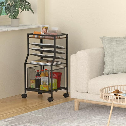 Rolling File Cart, 6-Tier Desk File Organizer on Lockable Wheels, Brown Wood Planks & Mesh Sliding Hanging Folder Drawer, Organization Cart for Office Home School