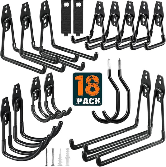 18 Pack Garage Hooks Heavy Duty Utility Steel with Anti-Slip Coating Wall Mount Storage Organizer for Hanging Power and Garden Tools, Ladders, Hose, Bikes, Ropes, Bulk Items, and More
