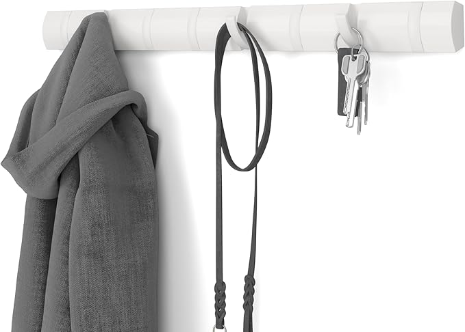 Umbra Flip Wall-Mounted Coat Rack with 8 Hooks – Modern, Space-Saving Storage for Hats, Jackets, Bags, Entryway, Mudroom, Closet, Bathroom, Bedroom – White/White
