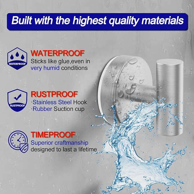 Suction Cup Hooks, Shower Hooks for Inside Shower – Removable Towel Hooks for Bathroom Window Glass Mirror Tile, Bath Robe Looafh Hook for Hanging – Waterproof & Rustproof, Silver(2 Pack)