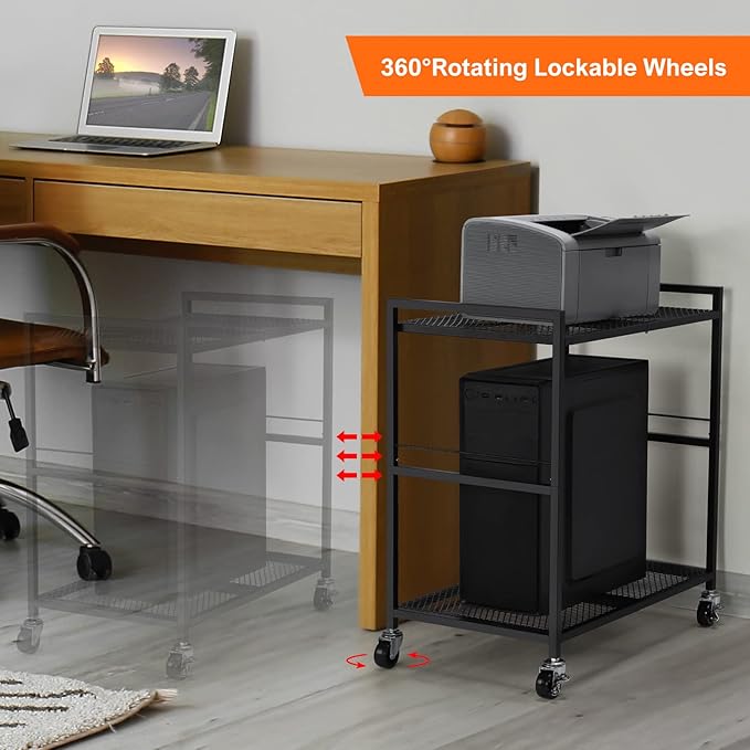 YBING Computer Tower Stand, PC Tower Stand Metal Mobile CPU Holder Stand Cart with Caster Wheels 2 Tier Rolling Printer Cart Under Desk for Fax Home Office Black