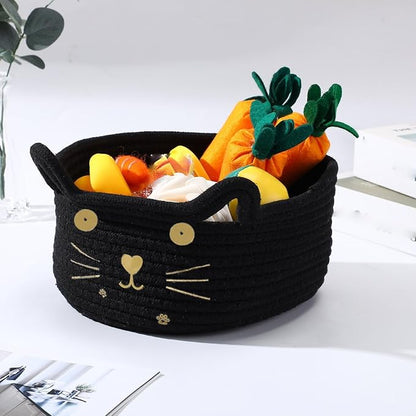 Zopeal Cat Basket Storage Woven Organizer with Ears Easter Decorative Gift Pet Toy Cute Cotton Rope Basket for Gift Cat Dog Toy Bin Nursery Room(8.3 x 4.7 Inch,Black)