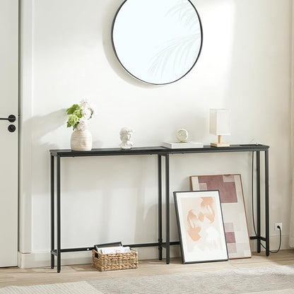 HOOBRO 63" Narrow Console Table with Charging Station, 5.9" Sofa Table with 2 Power Outlets and USB Ports, Long Entryway Tables Behind Couch Table, for Hallway, Livingroom, Black BB165UXG01G1