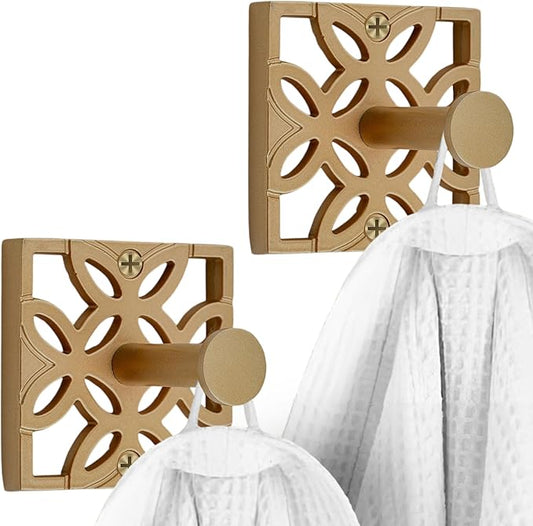 Autumn Alley Two Gold Hooks, Bathroom Towel Hook, Robe Hook Wall Mounted - Decorative Wall Hooks for Towel, Robe, Cast Coat and Door Hook for Bathroom Modern Unique Style, 2 Pack