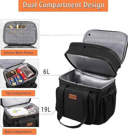 Expandable XLarge Lunch Box, Insulated Heavy Duty Lunch Bag Waterproof Leakproof Durable Cooler Bag for Men Women Adults Work Construction Camping Trip, 22L, Black, GLENKEY
