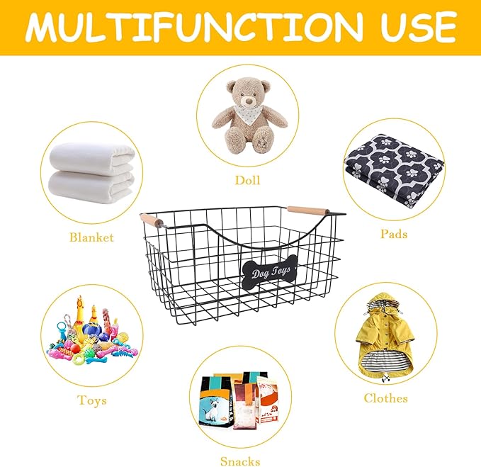 Metal Dog Toy Basket,Indestructible Dog Toy Bin with Wooden Handle,Sturdy Pet Storage Organizer,Ideal for Dog Leash,Blanket,Snacks-15.1 (L) x 10.7 (W) x 7 (H) inches