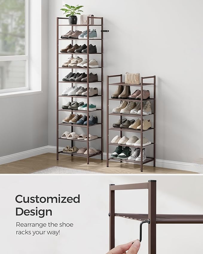 SONGMICS Narrow Shoe Rack - Sturdy 8 Tier Metal Tall Shoe Rack Shelf, Slim Shoe Storage Organizer for Closet Entryway Small Spaces, Bronze, 12"D x 17.6"W x 50.6"H