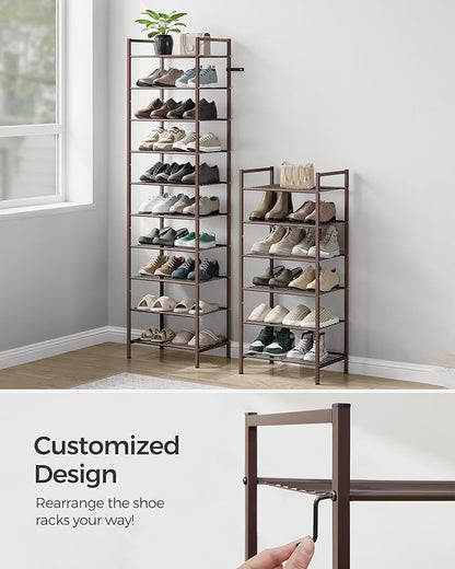 SONGMICS Narrow Shoe Rack - Sturdy 8 Tier Metal Tall Shoe Rack Shelf, Slim Shoe Storage Organizer for Closet Entryway Small Spaces, Bronze, 12"D x 17.6"W x 50.6"H