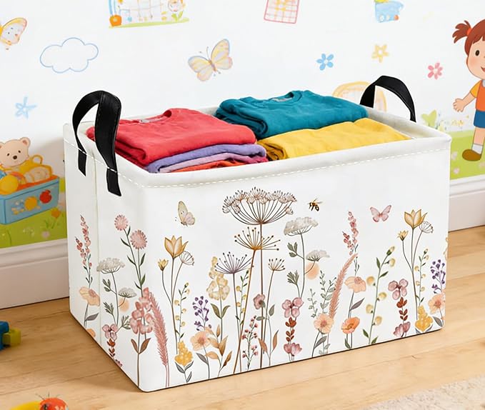 Essme Rectangular Flower Basket,Kids Storage Bins Organizer with Handles for Girls Room Decor, Gift Basket,Shelf Basket.(Beautiful Flowers)