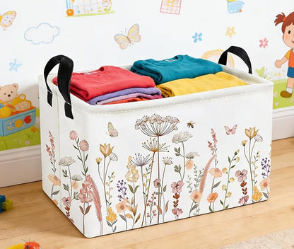 Essme Rectangular Flower Basket,Kids Storage Bins Organizer with Handles for Girls Room Decor, Gift Basket,Shelf Basket.(Beautiful Flowers)