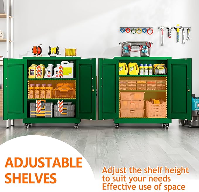 Metal Storage Cabinet with Wheels, 36" Tall Locking Storage Cabinet with 2 Adjustable Shelves, Locking Garage Cabinet, Steel Locker Organizer, for Office, Home, School, Green