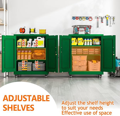 Metal Storage Cabinet with Wheels, 36" Tall Locking Storage Cabinet with 2 Adjustable Shelves, Locking Garage Cabinet, Steel Locker Organizer, for Office, Home, School, Green