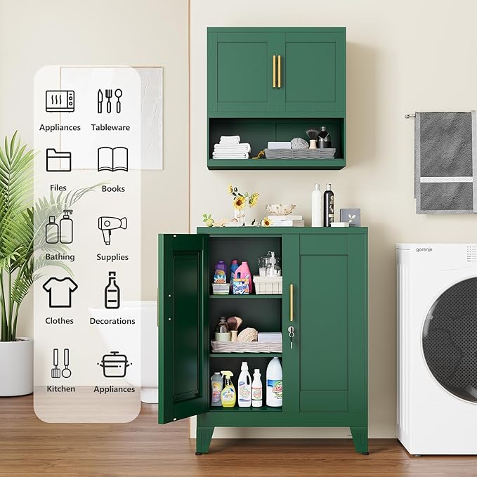 36" Tall Metal Storage Cabinet with Lock, File Cabinet with 2 Doors and 2 Adjustable Shelves, Green Bathroom Floor Storage Cabinets, Freestanding Small Locked Cabinets for Home/Office/Garage